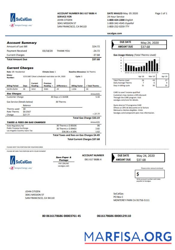 Realistic USA California SoCal Gas utility bill template in Word and PDF format